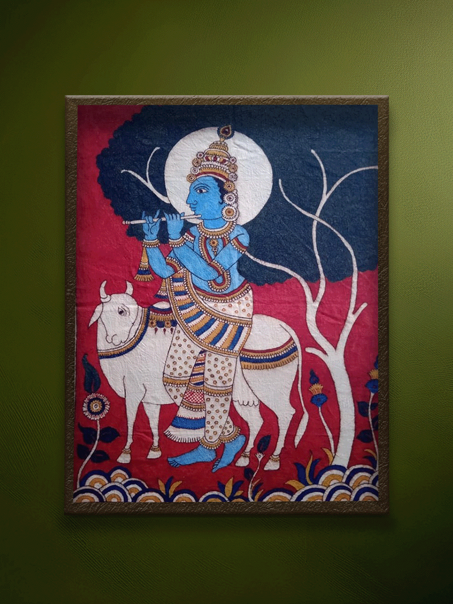 shop Lord Krishna with Sacred Cow in Kalamkari by Siva Reddy