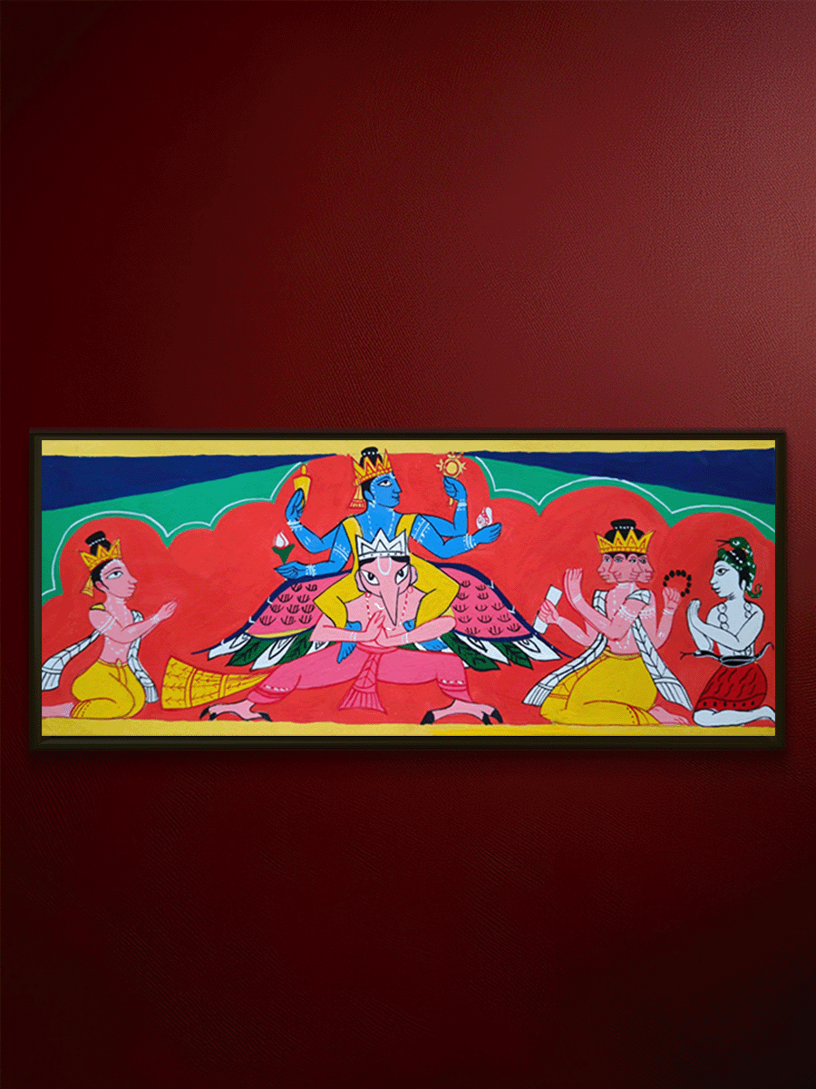 Shop Lord Vishnu on Garuda (Mount) with Lord Brahma, Shesha and Narada in Manuscript Painting by Sujit Das