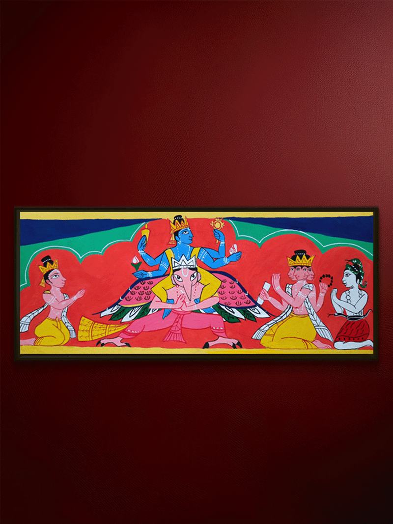 Shop Lord Vishnu on Garuda (Mount) with Lord Brahma, Shesha and Narada in Manuscript Painting by Sujit Das