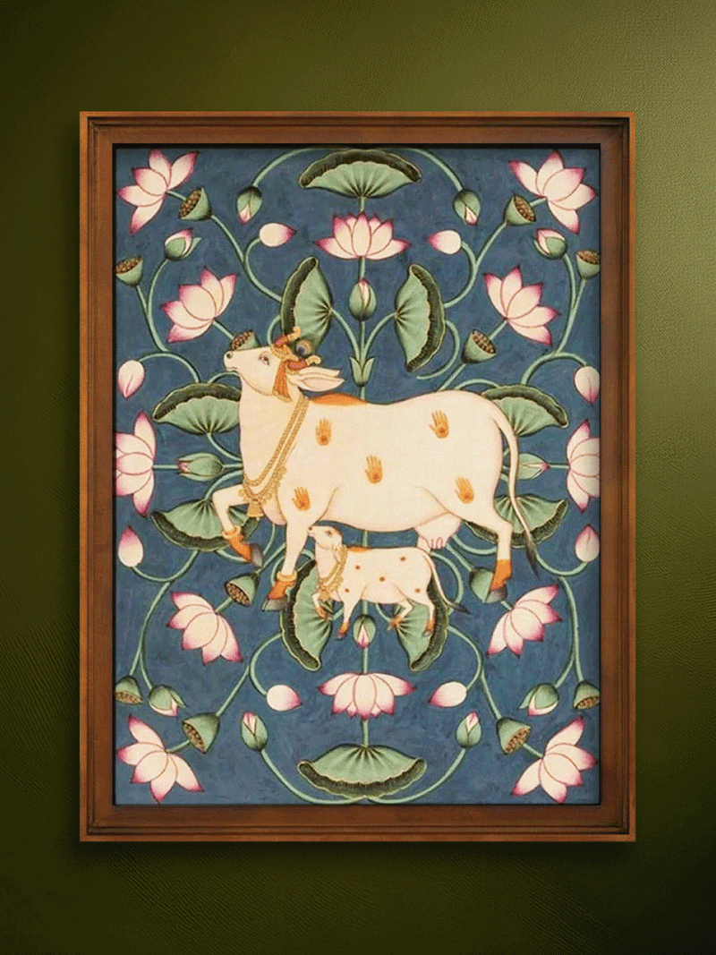Shop Lotus Blooms and Kamdhenu with Calf in Pichwai by Shehzaad Ali Sherani