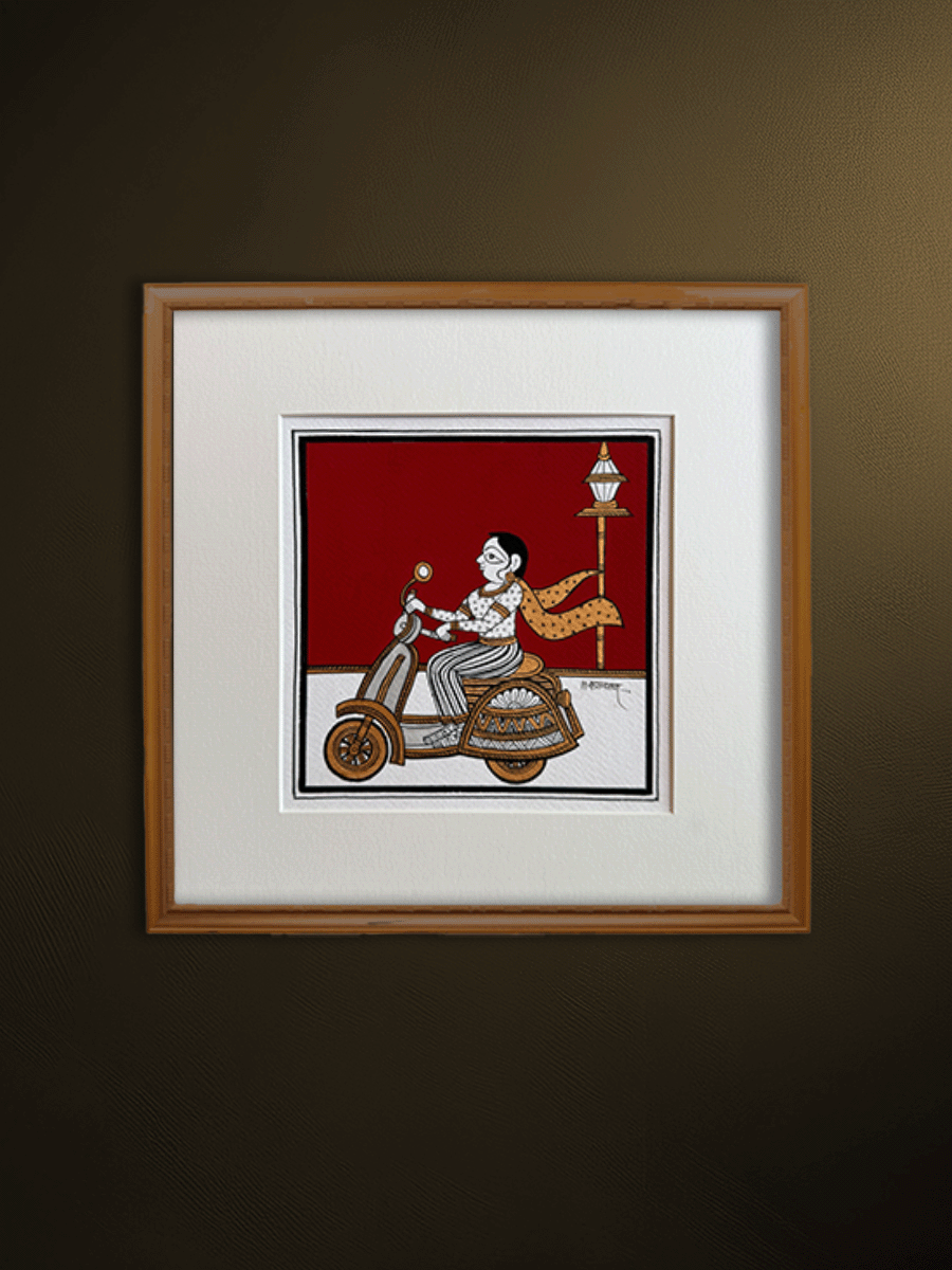 Shop Modern Journey: Women Riding a Scooter in Phad Painting by Kalyan Joshi