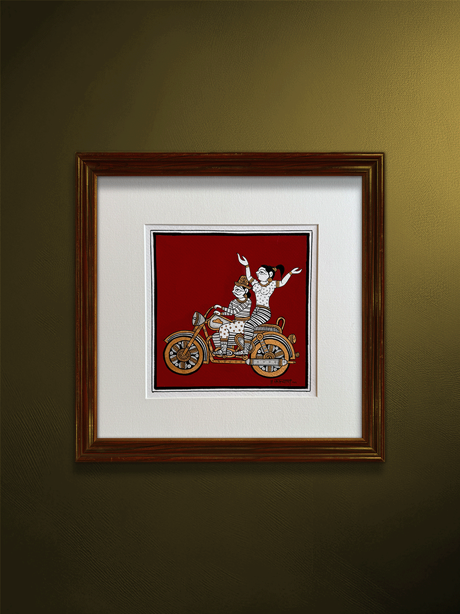 Shop Modern Love: Lovers riding a Bike in Phad Painting by Kalyan Joshi