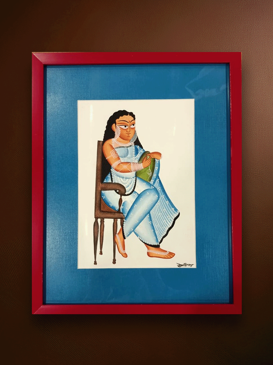 Shop Nayika (Heroine) Adjusting her Bracelet in Kalighat by Uttam Chitrakar