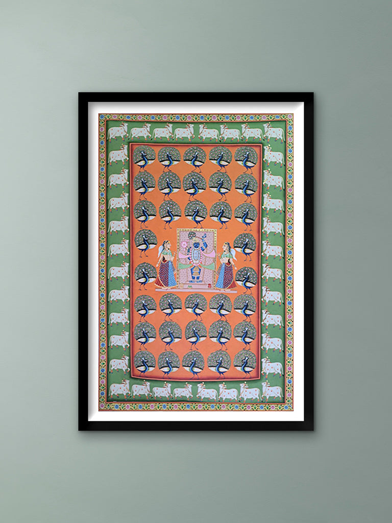 Shrinathji surrounded by peacocks and cows in Pichwai by Shehzaad Ali Sherani