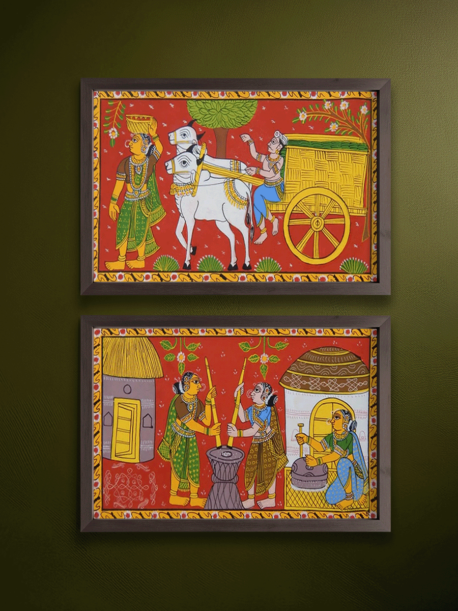 Shop RURAL VILLAGE LIFE: CHERIYAL SCROLL PAINTING by Sai Kiran (Set of 2)