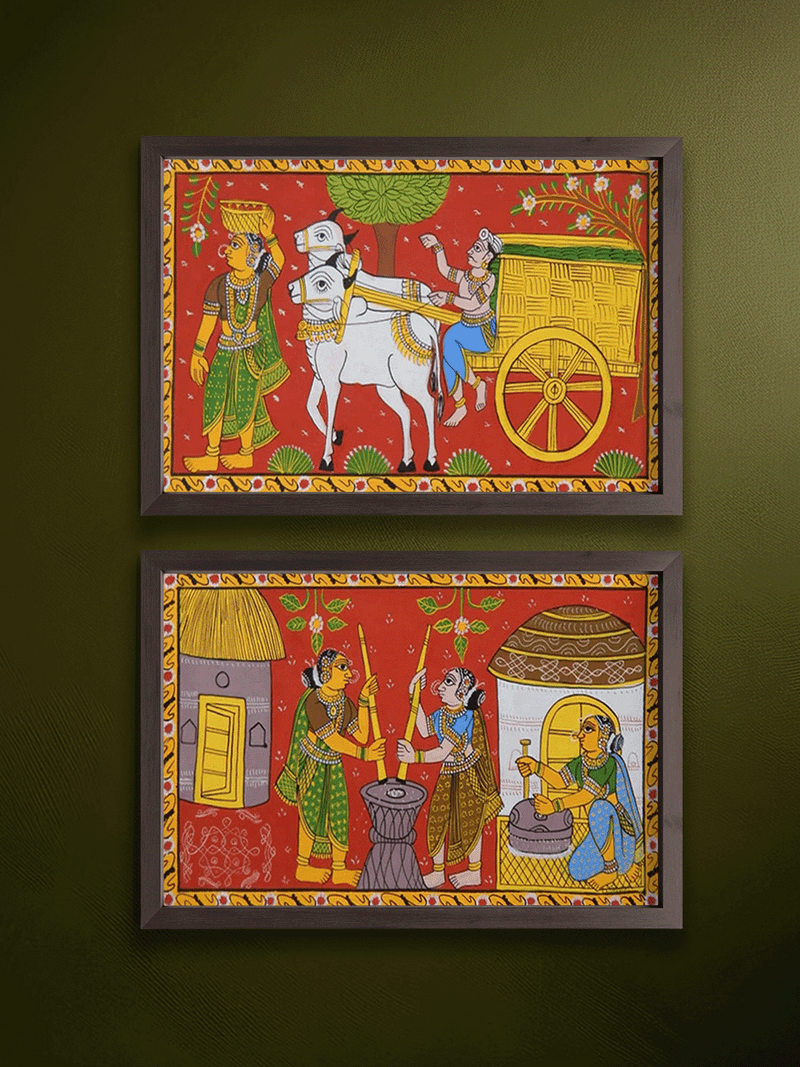 Shop RURAL VILLAGE LIFE: CHERIYAL SCROLL PAINTING by Sai Kiran (Set of 2)