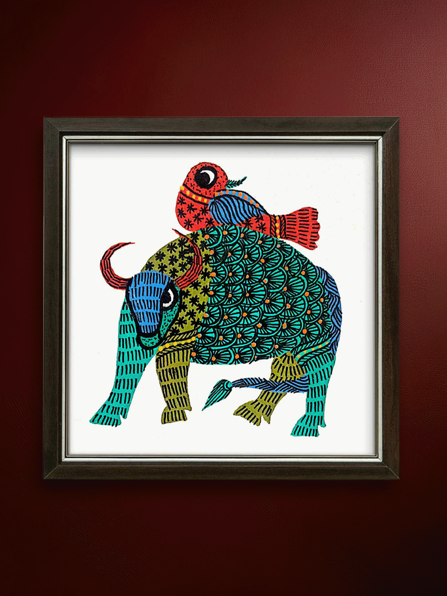 Shop Strength and Freedom: The Bull and Bird's Alliance Gond Painting by Kailash Pradhan