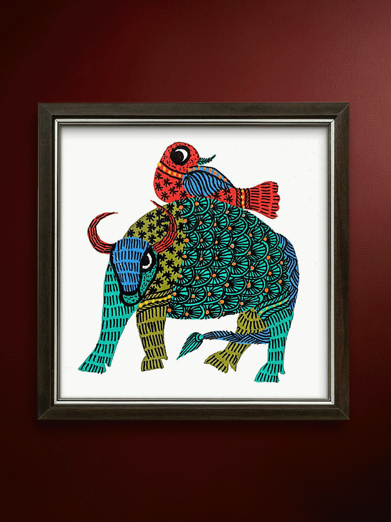 Shop Strength and Freedom: The Bull and Bird's Alliance Gond Painting by Kailash Pradhan