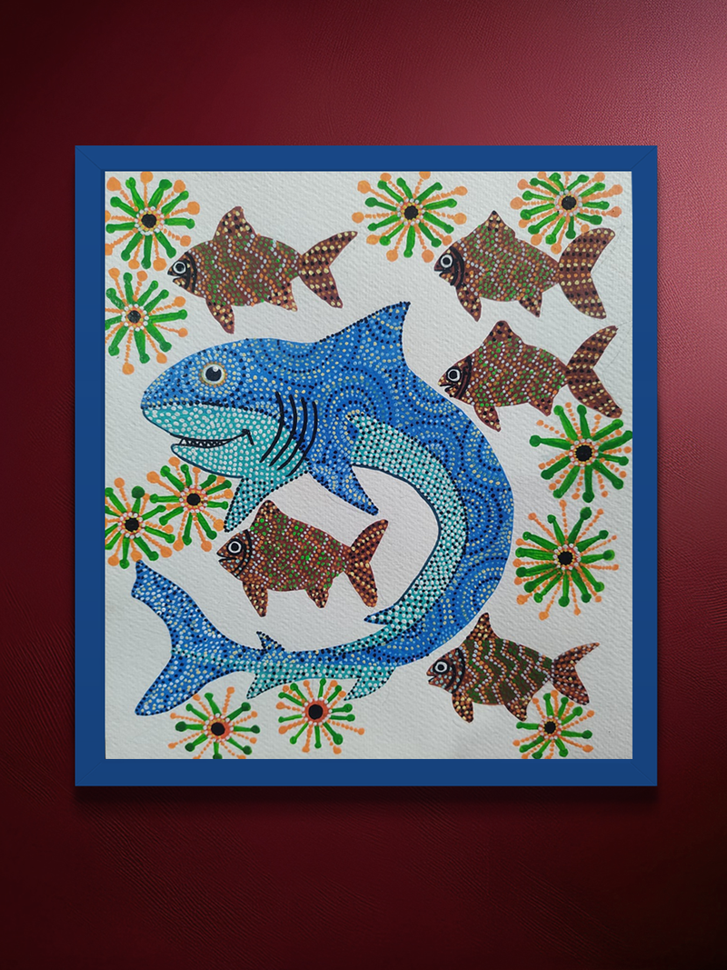 Shop The Aquatic Tales: Shark and Fish in Bhil Painting by Shersingh Bhabor