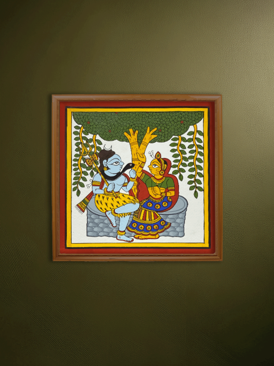 Shop The Celestial Couple: Lord Shiva and Goddess Parvati Under The Sacred Tree in Phad by Kalyan Joshi