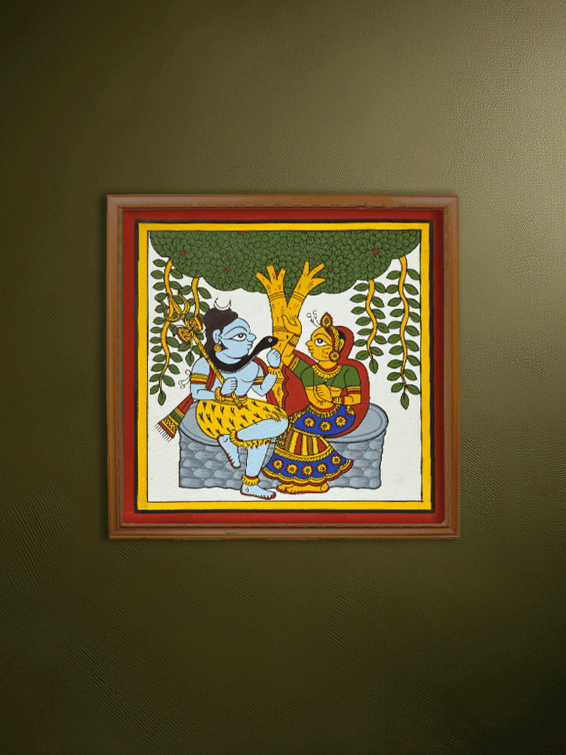 Shop The Celestial Couple: Lord Shiva and Goddess Parvati Under The Sacred Tree in Phad by Kalyan Joshi