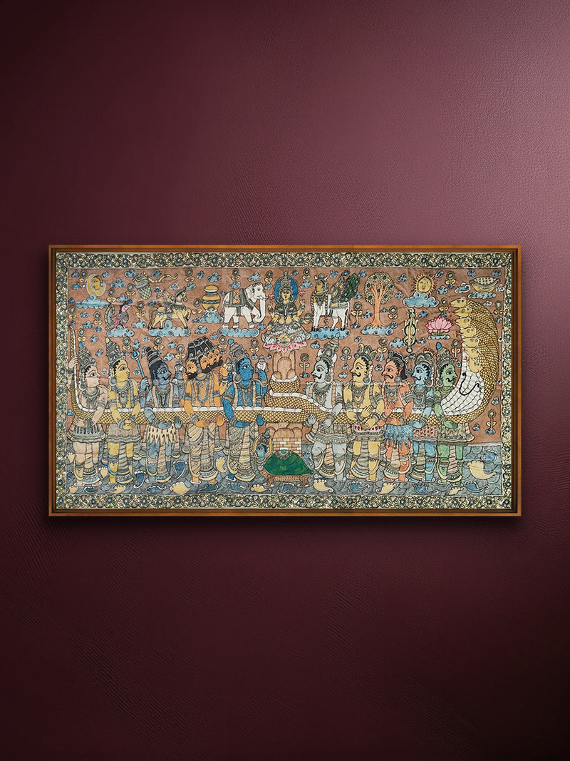 Shop The Churning of the Cosmic Ocean: Ksheera Sagara Madhanam in Kalamkari by Harinath N