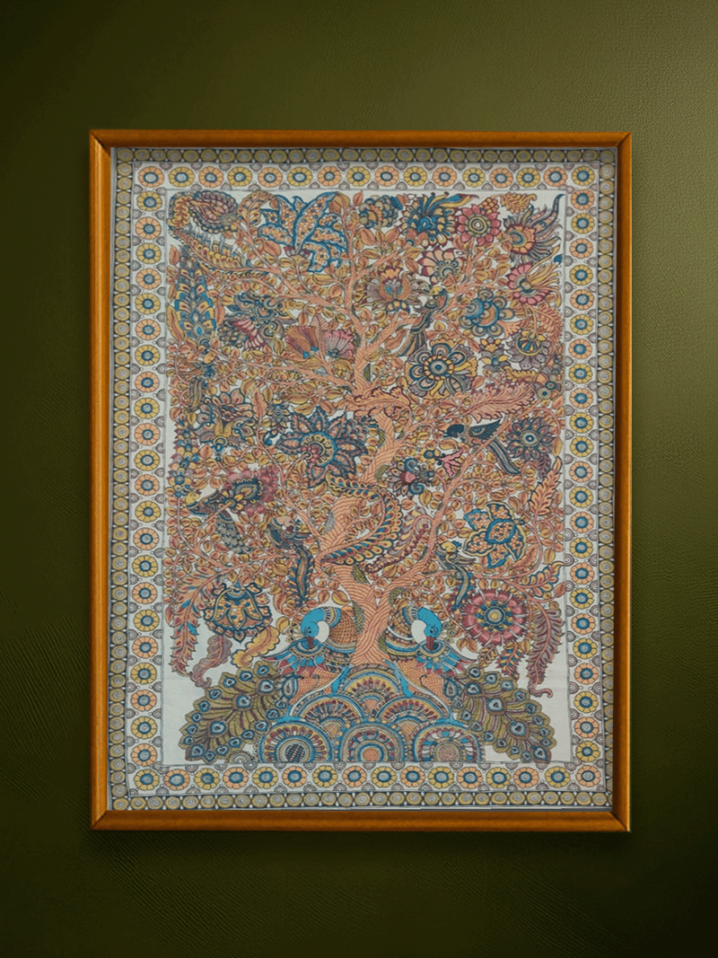 Shop The Dance of Nature: Tree of life with Peacocks and Parrots in Kalamkari by Harinath N
