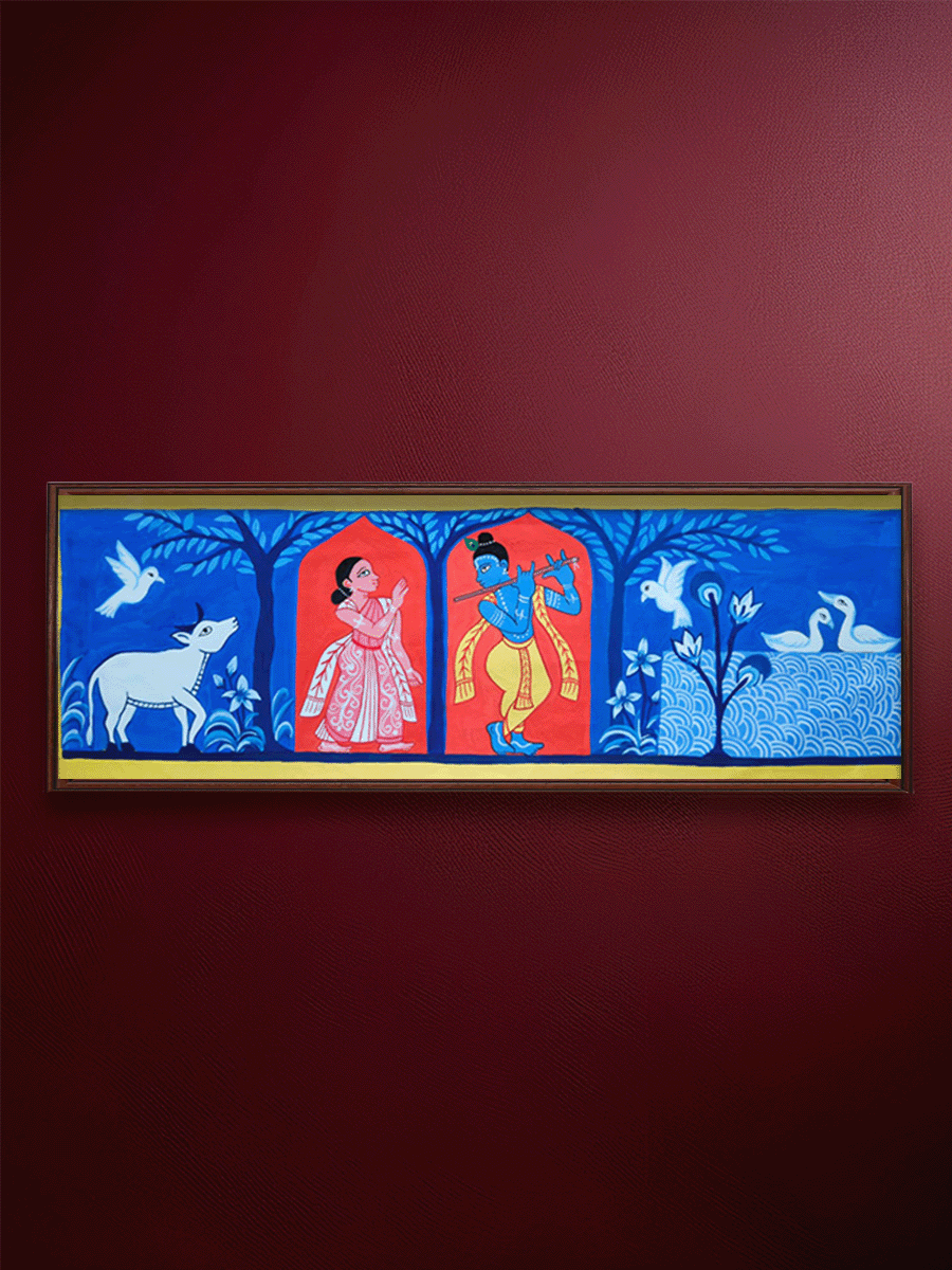 Shop The Divine Connection: Radha with Lord Krishna in Vrindavan in Manuscript Painting by Sujit Das