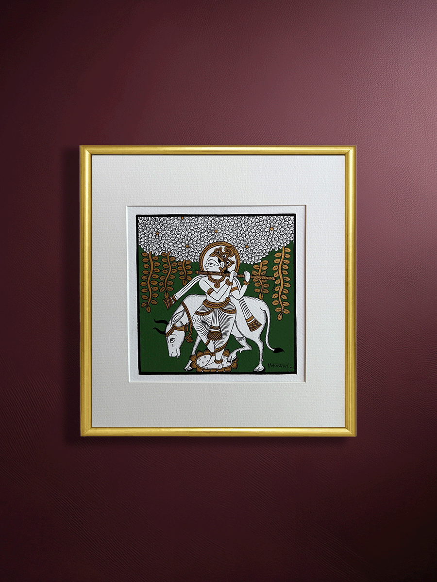 Shop The Divine Cowherd: Lord Krishna with Sacred Cow in Phad Painting by Kalyan Joshi