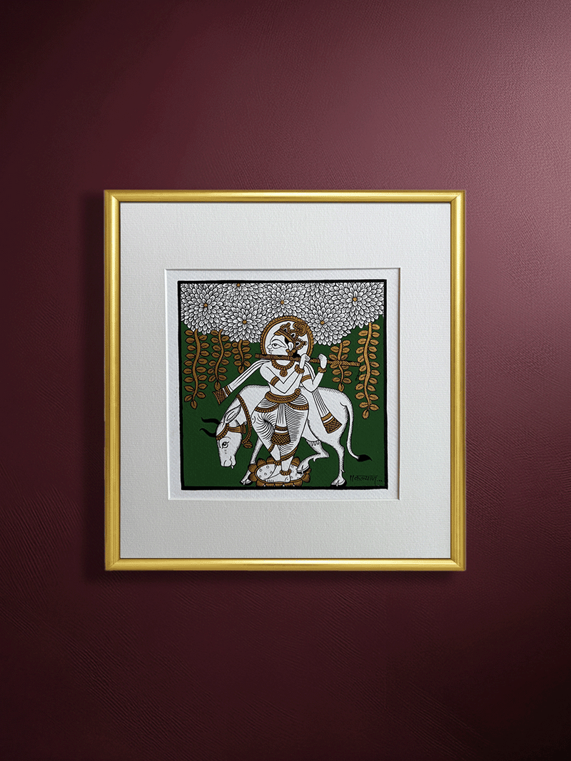 Shop The Divine Cowherd: Lord Krishna with Sacred Cow in Phad Painting by Kalyan Joshi