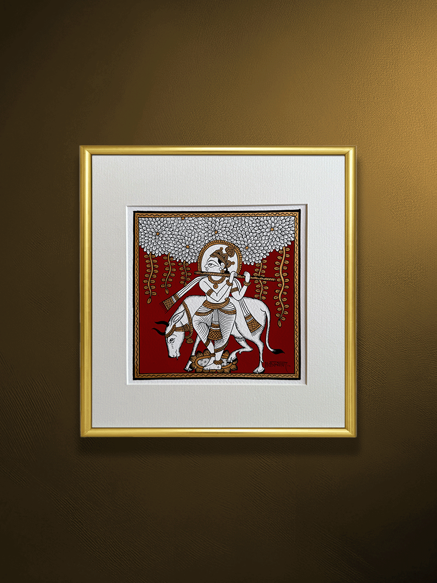 Shop The Divine Flautist: Lord Krishna and the Sacred Cow in Phad Painting by Kalyan Joshi