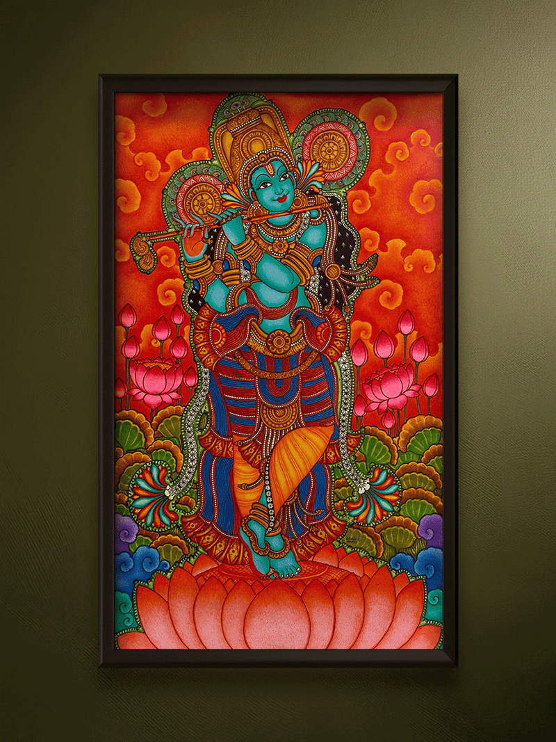 Shop The Divine Flautist: Lord Krishna in Kerala Mural by Adarsh