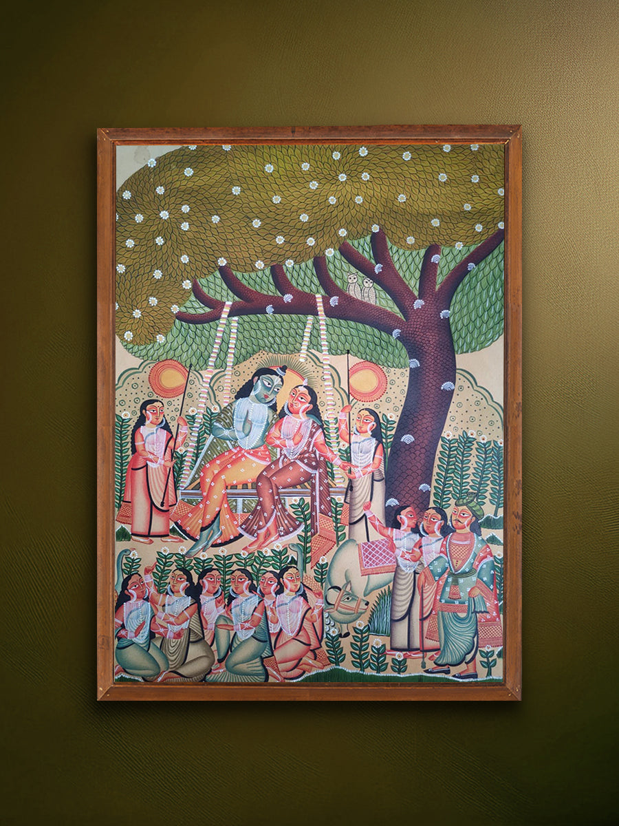 Shop The Divine Leela's of Lord Krishna: Radha, Lord Krishna and The Gopis on a Swing in Kalighat by Hasir Chitrakar