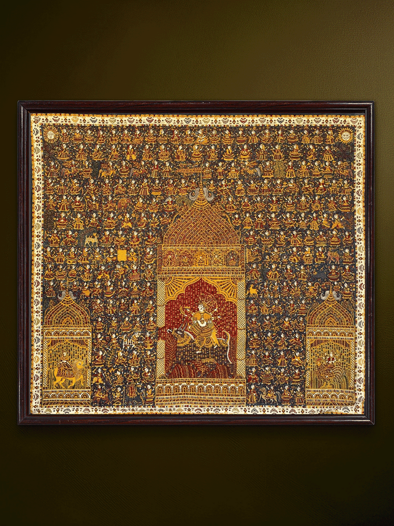 Shop The Divine Trinity: Durga Mata, Meldi Mata and Bahuchar Mata in Mata ni Pachedi by Sanjay 