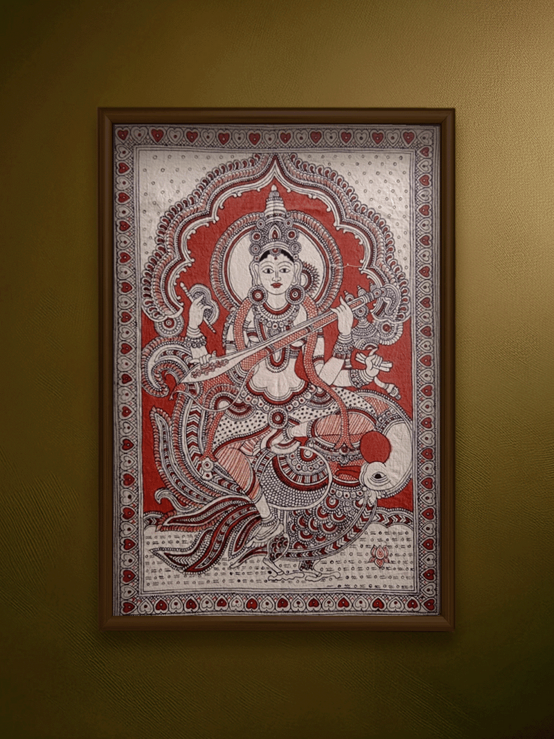 Shop The Goddess of Wisdom: Sarasvati in Red Kalamkari by Siva Reddy