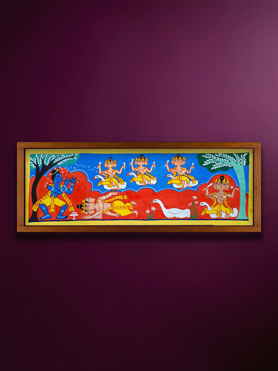 Shop The Story of Multiple Brahmas: Lord Brahma worshipping Lord Krishna as the Supreme God in Manuscript Painting by Sujit Das