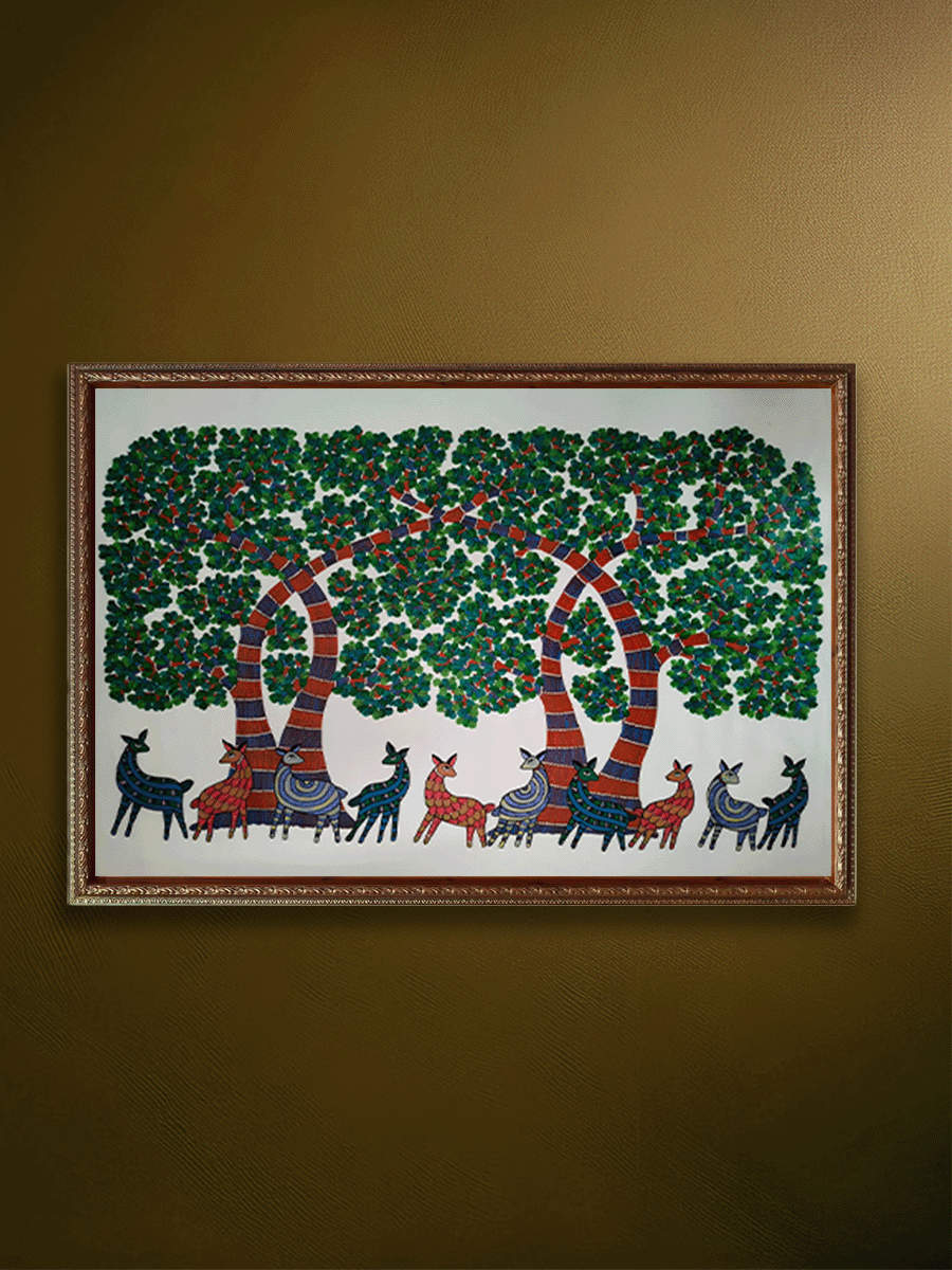 Shop The Vibrant Herd: Trees and Deer in Gond Painting by Choti Tekam