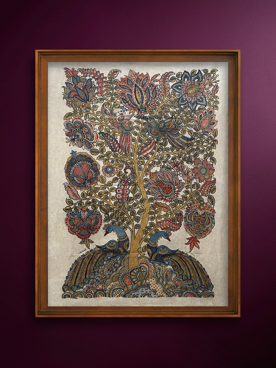 Shop Tree of life with closed feathers: Kalamkari Painting by Harinath.N