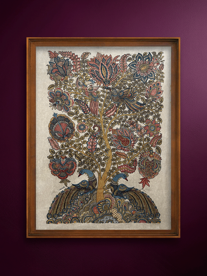 Shop Tree of life with closed feathers: Kalamkari Painting by Harinath.N