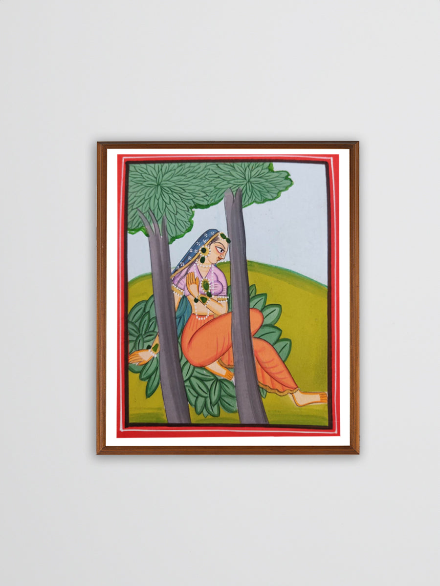Harmony of Hues: A Woman's Elegance Amidst Lush Green Landscapes Basohli Painting by Aastha Billowria  & Shivakshi Sharma for sale