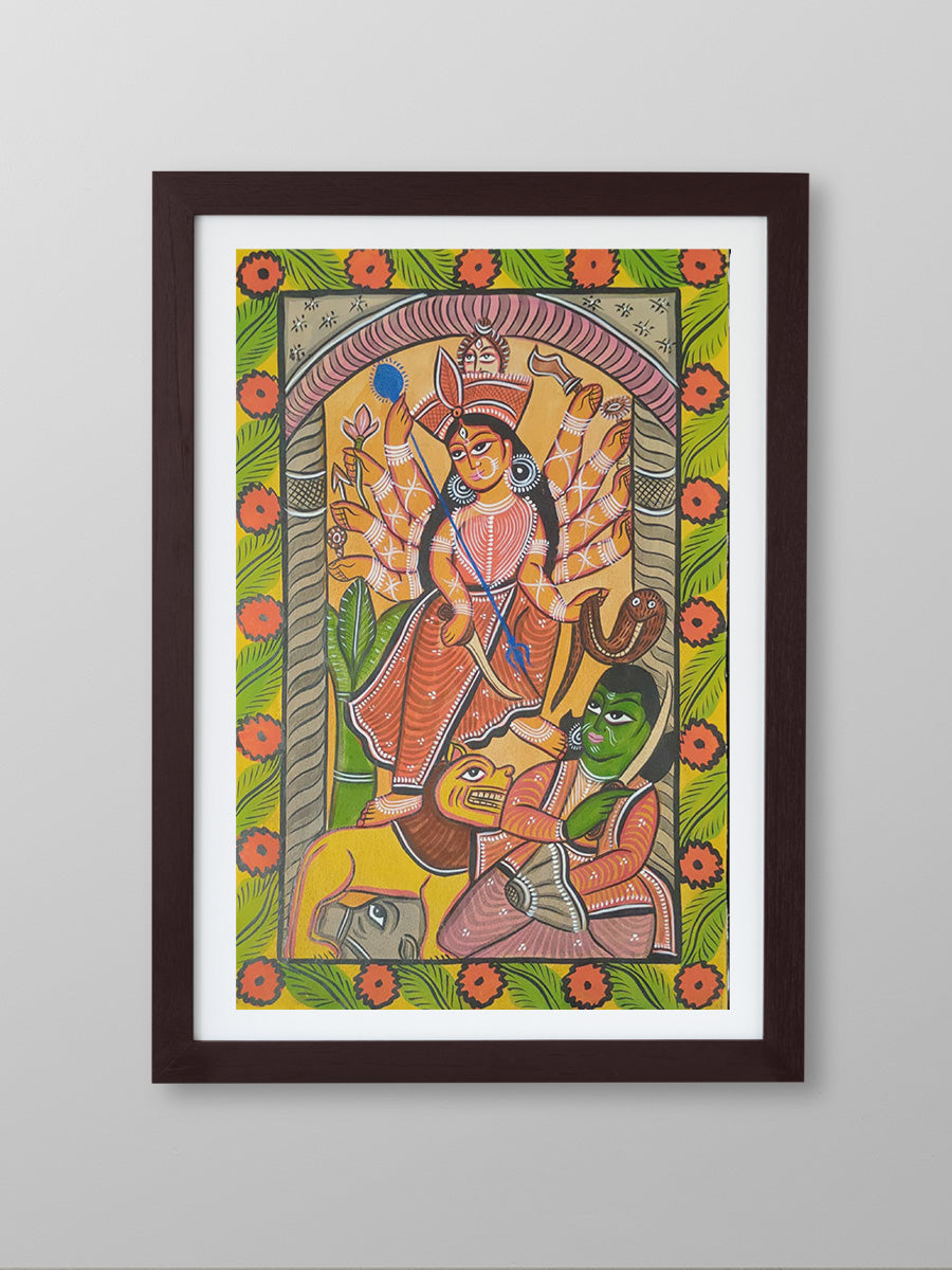 Mahishasura Vadh: An Iconic Tale Unfolds on Paper Bengal Pattachitra by Manoranjan Chitrakar