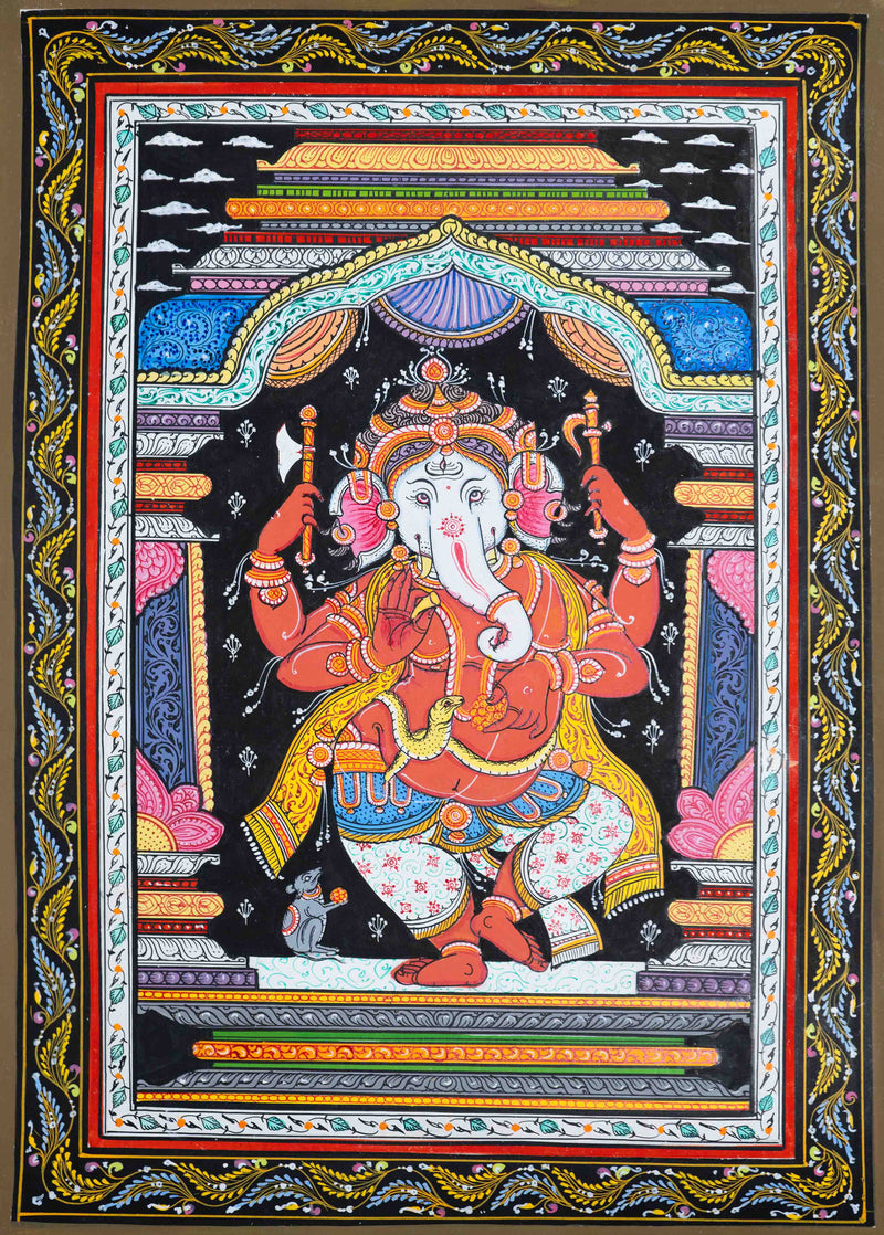 Buy Balance in Motion: The Colorful Dancing Ganesha Pattachitra on a Wooden Plate  