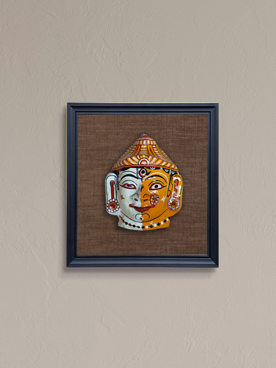 Divinity Untwined: The White-Yellow Ardh-Nareshwar Shiva's Face Paper Mache by Keshab Maharana for sale 