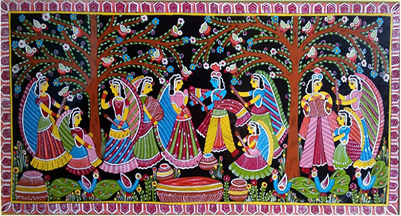 Jovial holi scene of Krishna in Tikuli painting by Ashok Kumar