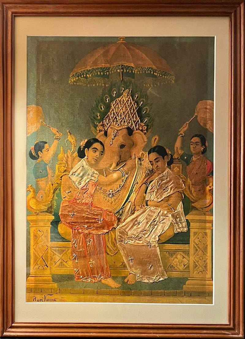 Lord Ganesha with Riddhi and Siddhi Oleograph by Raja Ravi Verma for sale