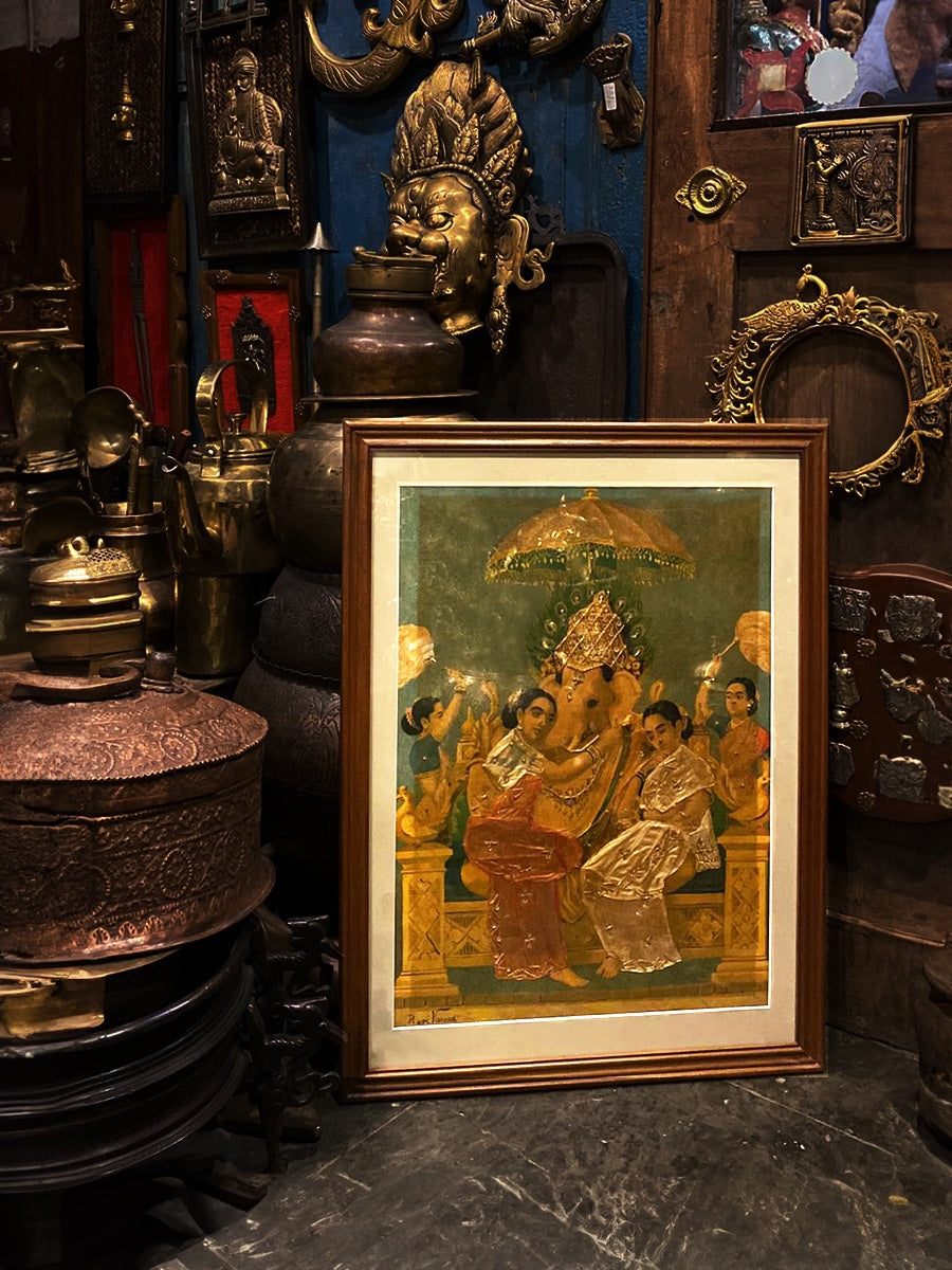 Shop Lord Ganesha with Riddhi and Siddhi Oleograph by Raja Ravi Verma