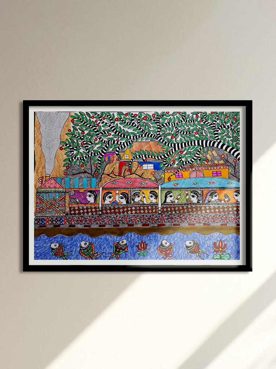 Imagery of train journey under a tree: Madhubani by Vibhuti Nath