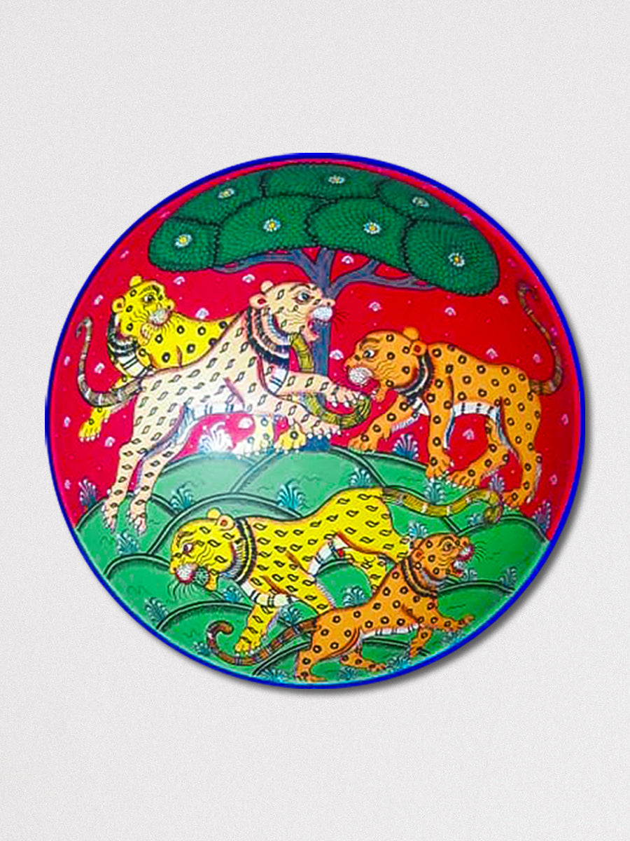 Tiger Pattachitra Wooden Wall Plates for Sale
