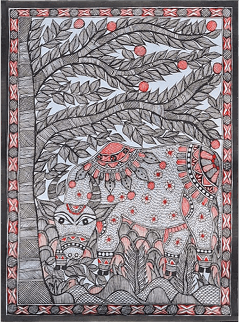 Order Online Depiction of cow under a tree in Madhubani by Vibhuti Nat at memeraki.com