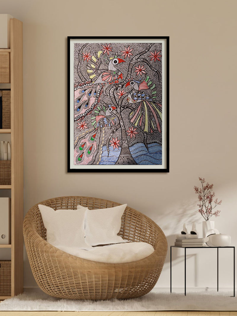 Shop for Image of a tree with birds and water stream: Madhubani by Vibhuti Nath at memeraki.com