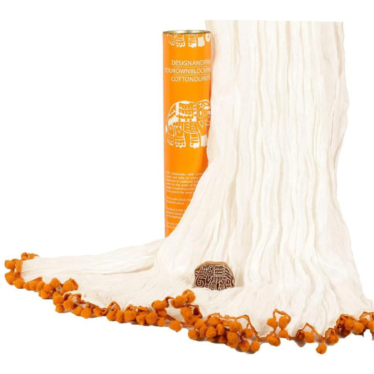 POTLI Handmade Wooden Block Print DIY Craft Kit  Dupatta -Orange Elephant (For All Ages)