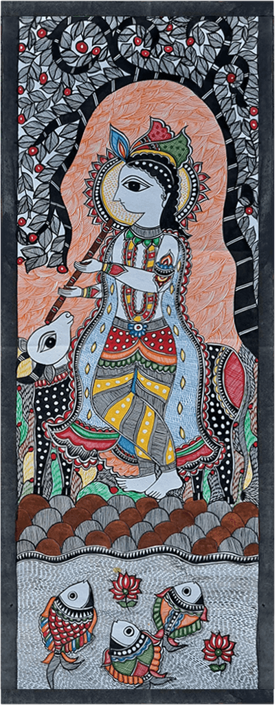 Order Online Lord Krishna seated on a cow in Madhubani by Vibhuti Nath