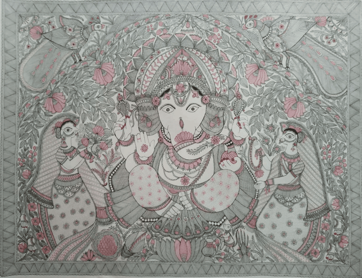 Lord Ganesha with wives in Madhubani by Naina Creation Thumbnail