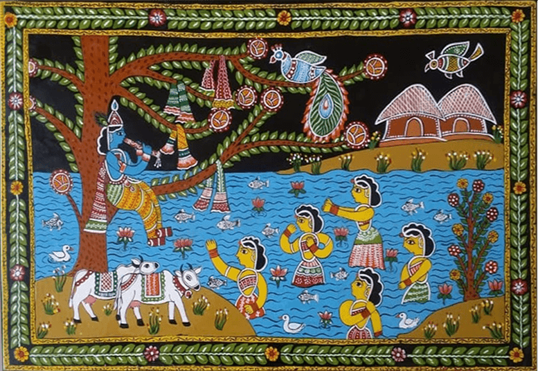 Krishna's whimsical act Tikuli painting by Ashok Kumar for Sale
