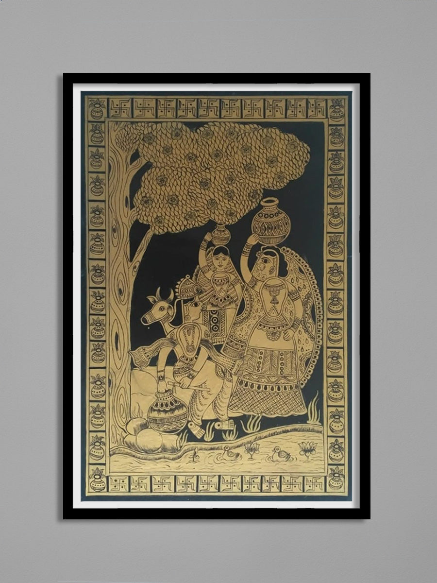 Desire for supreme being: Radha-Krishna scene in Tikuli painting by Ashok Kumar for Sale