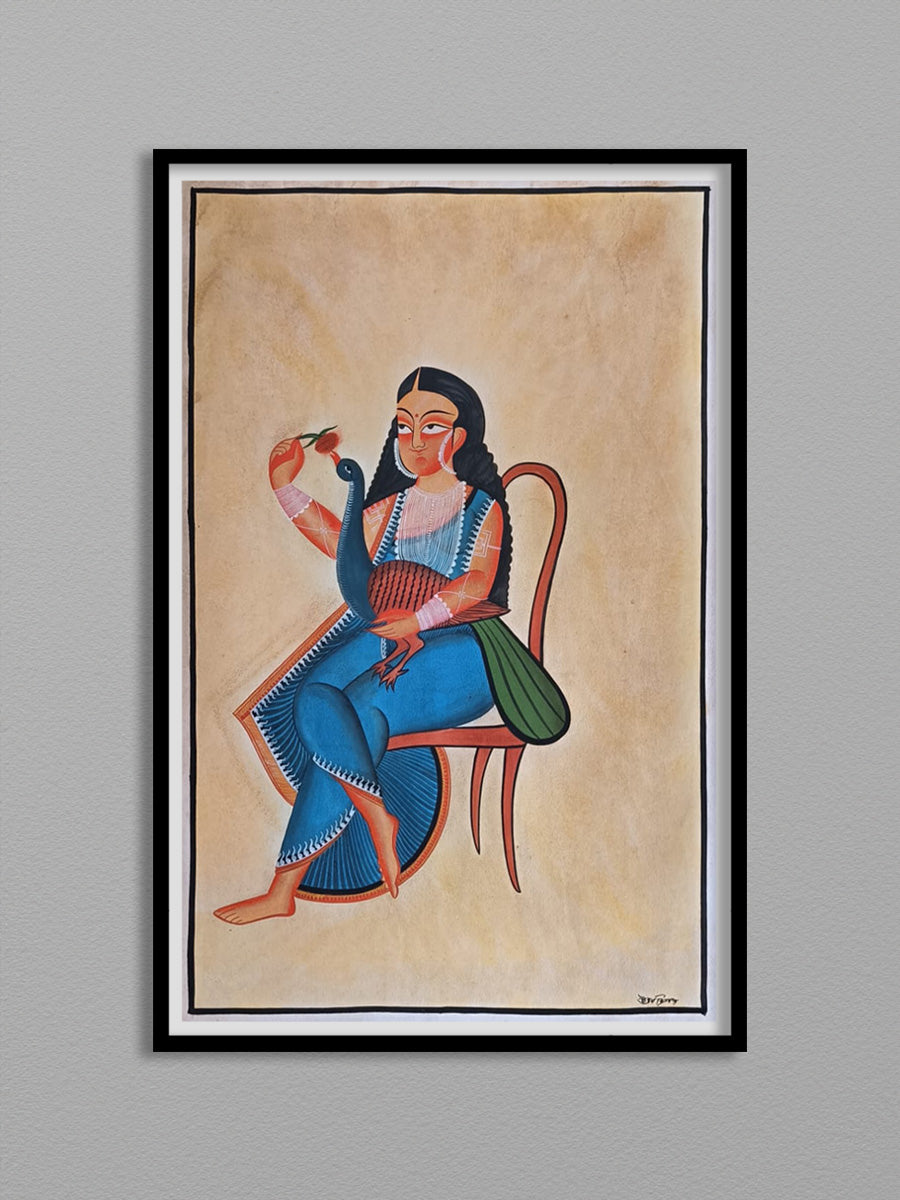 Women and the Peacock in Kalighat painting by Uttam Chitrakar for Sale