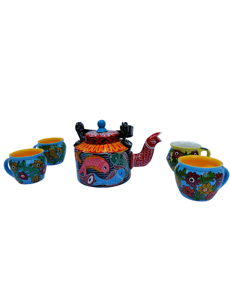 Tea Pot and Cups/Bengal Pattachitra/west bengak/Fish and Floral
