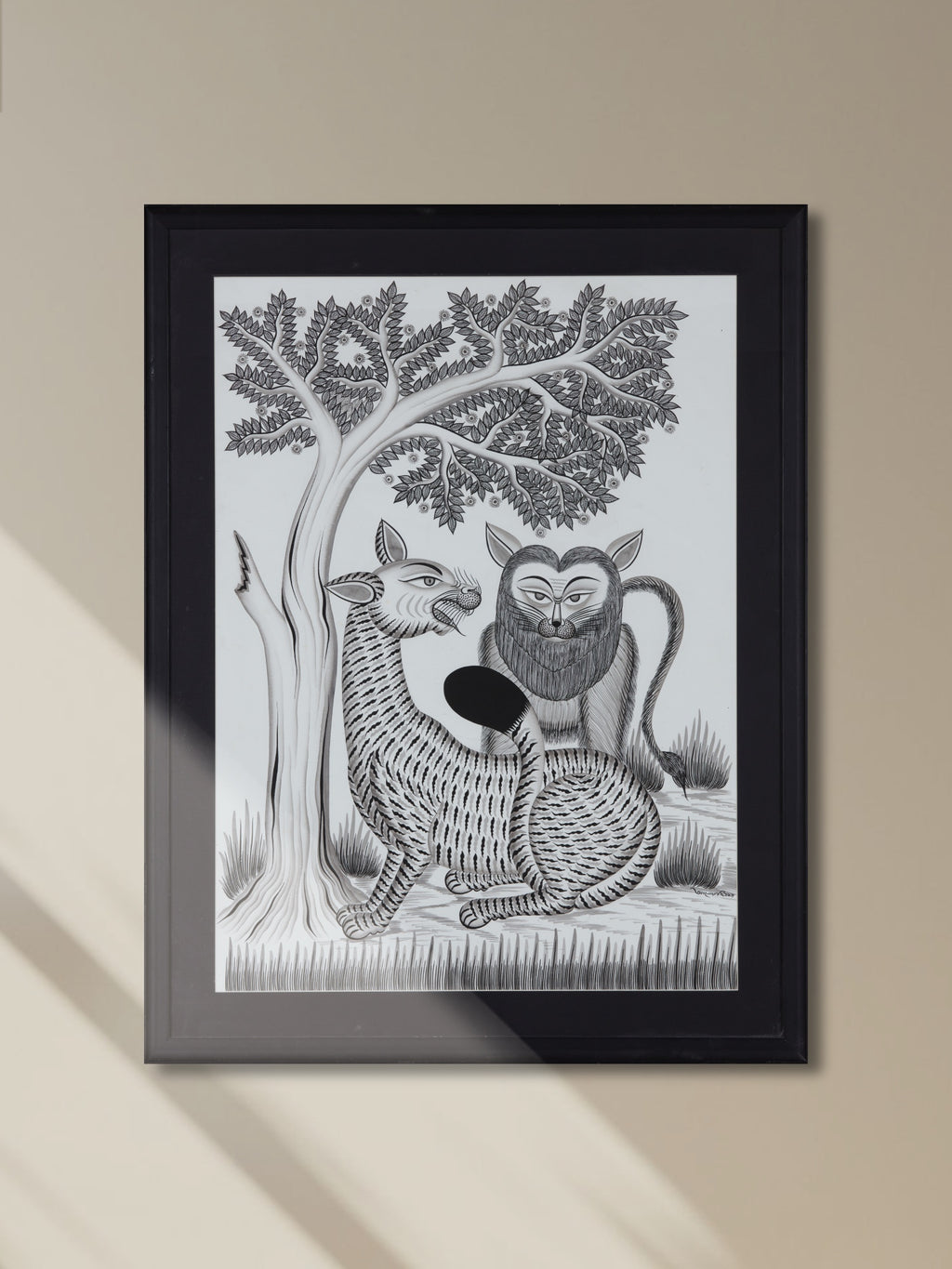 Shop Tiger and Lion Under Tree in Gond art by Baaya
