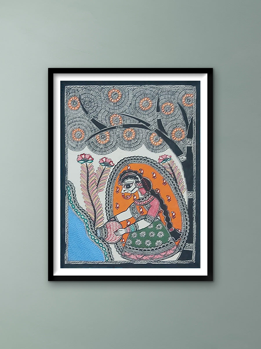 Lady With Pots To Fill Water- Madhubani Painting