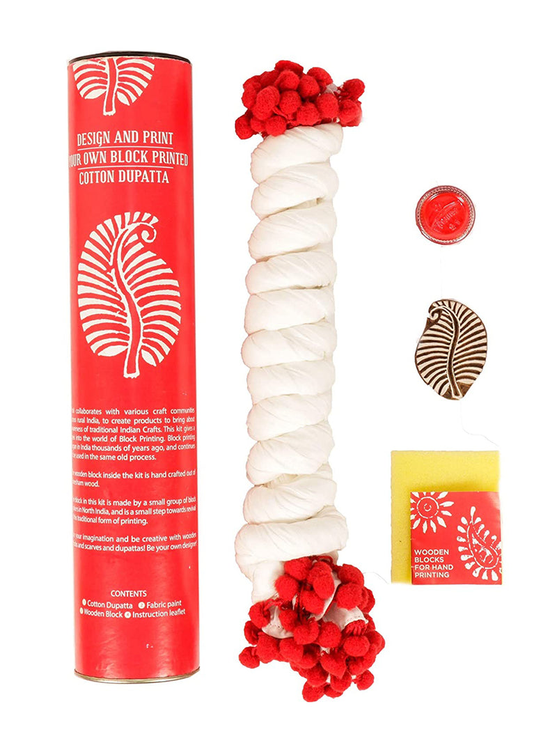 POTLI Handmade Wooden Block Print DIY Craft Kit  Dupatta  - Red Leaf (For All Ages)